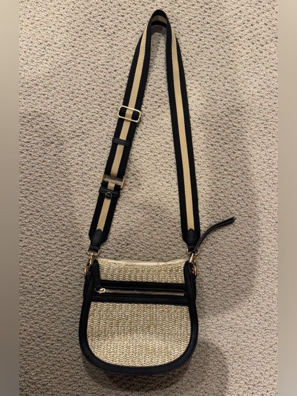 Crown Vintage Tan and Black Straw Crossbody with Striped Strap